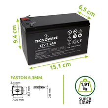 Carica l'immagine nel visualizzatore di Gallery, Tecnoware Power Systems, Batteria al Piombo 12V 7.2Ah, Per UPS, Videosorveglianza e Allarme, Attacco Faston 6.3 mm, Batt