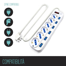 Carica l'immagine nel visualizzatore di Gallery, Multipresa a 6 Posti, Ciabatta Elettrica con 6 Prese Italiane e Schuko/Tedesche - Spina Italiana 16A - Potenza 250V/2500