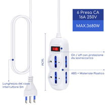 Carica l'immagine nel visualizzatore di Gallery, Aigostar - Multipresa Ciabatta elettrica Polivalente a 6 Posti, 250v/3680W Cavo 5m. Color Bianco