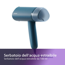 Carica l'immagine nel visualizzatore di Gallery, Philips Serie 3000 Stiratrice verticale a vapore - 1000 W, 20 g/min di vapore, Serbatoio dell'acqua estraibile da 100 ml, Piastra in plastica, Blu (STH3000/20)