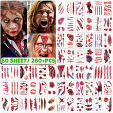 Carica l'immagine nel visualizzatore di Gallery, Tatuaggi Temporanei Halloween, 280+PCS/60Fogli Trucco Adesivo Viso Halloween - Halloween Zombie Scar Tattoos con Sangue Finto, Cicatrici Finte, Costume Speciale Trucco per Bambini Adulti Cosplay