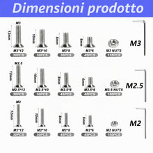 Carica l'immagine nel visualizzatore di Gallery, Set Viti Testa Svasata M2 M2.5 M3, Kit Bulloni Acciaio Inox con Rondelle