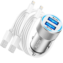 Carica l'immagine nel visualizzatore di Gallery, Caricatore Auto iPhone con 2x Cavo Lightning [Certificato MFi], USB Accendisigari Auto Caricabatterie Auto Cellulare Ada
