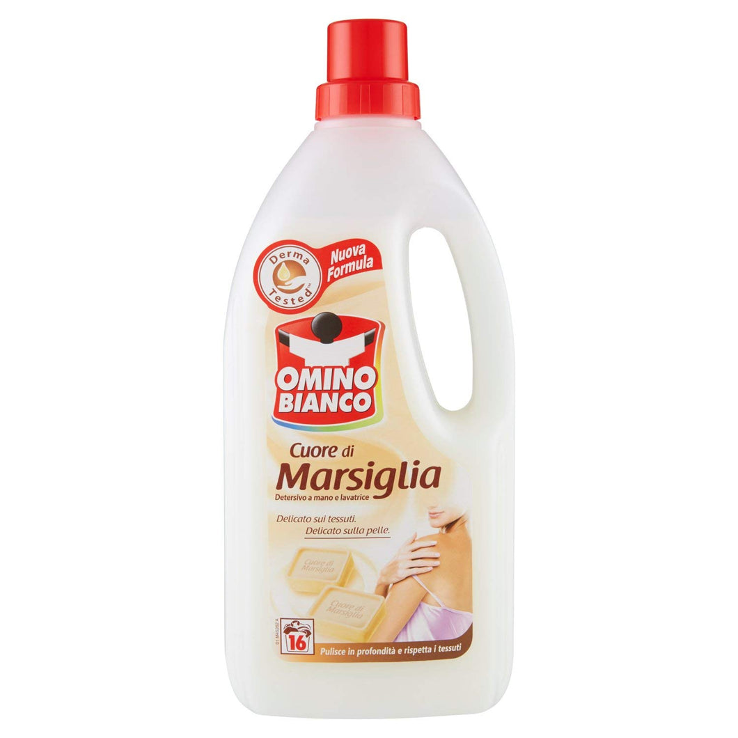 Omino Bianco - Detersivo Bivalente Liquido, Lavaggio a Mano e in Lavatrice, Essenza Cuore di Marsiglia, 1000 ml