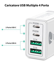 Carica l'immagine nel visualizzatore di Gallery, Caricatore USB C Rapido 40W 4Porto Presa USB Caricatore Multipla PD &amp; QC3.0 Carica Cellulare, Spina Alimentatore Caricabatterie per Samsung S22 S23 S24 iPhone 15 16 14, Spinotto Muro Adattatore