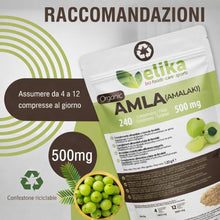 Carica l'immagine nel visualizzatore di Gallery, BIO Amla Elikafoods® BIOLOGICA. 240 compresse da 500mg. Rafforza i capelli e la pelle. Contiene vitamina C, minerali e a