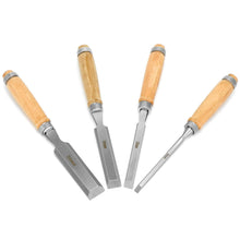 Carica l'immagine nel visualizzatore di Gallery, QWORK® 4 Pezzi Scalpelli per Legno 6, 12, 19, 24mm, Set Scalpelli Scalpelli per Legno Professionale con Robusto Cappucci