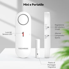 Carica l'immagine nel visualizzatore di Gallery, TechRise Allarme Casa Senza Fili Allarme Antifurto Sensore Allarme Porta, 3 Impostazioni Volume Antifurto Casa Con Campa