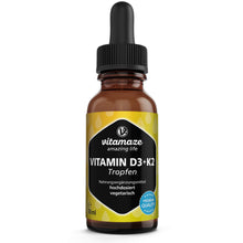Carica l'immagine nel visualizzatore di Gallery, Vitamina D3 + K2 Gocce, 1000 UI ad Alta Dose, Vegetariano &amp; Liquido (99,7+% All-Trans MK-7), 50 ml (1700 Gocce), Elevata