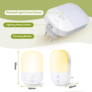 [2 Pezzi] Luce Notturna con Sensore Crepuscolare, 5 Livelli di Luminosità Regolabili, ON/OFF/AUTO Modalità, 3000K Bianco Caldo Luce Notturna Bambini per Camera da Letto, Soggiorno, Corridoio, 0,3W
