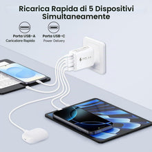 Carica l'immagine nel visualizzatore di Gallery, Caricabatterie USB C 50W, Presa USB Muro con 5 Porte (2 USB-C PD 20W e 3 USB-A), Caricatore Rapide Multiplo Adattatore U