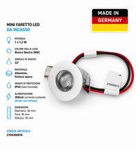 Carica l'immagine nel visualizzatore di Gallery, Generico Mini Faretto LED da Incasso 1,2W, Bianco Neutro 22°, IP54, Alluminio Opaco Ø36mm, 350mA, Prodotto in Germania, 
