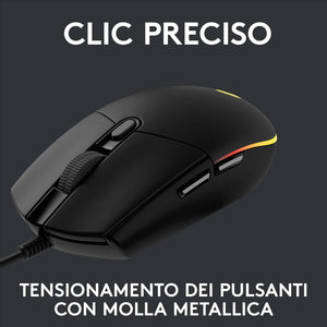 Logitech G G203 LIGHTSYNC Mouse Gaming con Illuminazione RGB, Personalizzabile, 6 Pulsanti Programmabili, Sensore per Gaming, Tracciamento a 8.000 DPI, Peso Ridotto - Nero