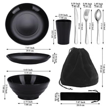 Carica l'immagine nel visualizzatore di Gallery, Kyraton set di posate da campeggio da 6 pezzi, bicchieri, piatti e ciotole in plastica e posate in acciaio inox con bors
