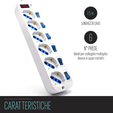 Carica l'immagine nel visualizzatore di Gallery, Multipresa a 6 Posti, Ciabatta Elettrica con 6 Prese Italiane e Schuko/Tedesche - Spina Italiana 16A - Potenza 250V/2500