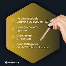 Carica l'immagine nel visualizzatore di Gallery, Vitamina D3 + K2 Gocce, 1000 UI ad Alta Dose, Vegetariano &amp; Liquido (99,7+% All-Trans MK-7), 50 ml (1700 Gocce), Elevata
