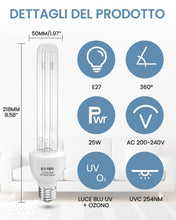 Carica l'immagine nel visualizzatore di Gallery, DoRight Lampada UV Ozono E27 25W Lampada Germicida Raggi UVC 254nm con Tubo al Quarzo Brine Ozono Contro Batteri Virus e