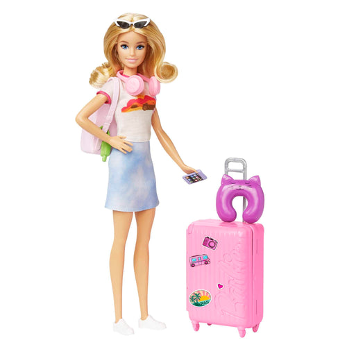 Barbie - Set da Viaggio Malibu, Bambola e Accessori, con Cagnolino e Oltre 10 Pezzi, valigie funzionanti Incluse, Giocattolo per Bambini 3+ Anni, HJY18
