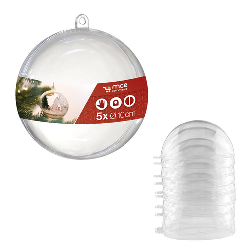 Sfera in plastica acrilica di Natale A661005, diametro 10 cm, trasparenti con occhiello per appenderle, 2 parti, 5 pezzi, in plexiglas