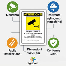 Carica l'immagine nel visualizzatore di Gallery, Cartelli Area Videosorvegliata 15x20 cm | Set 3 Pezzi in Polipropilene con Biadesivo Alta Tenuta e Fori | Esterno ed Int