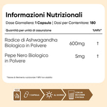 Carica l'immagine nel visualizzatore di Gallery, Ashwagandha e Pepe Nero Bio, 180 Capsule Vegane, 6 Mesi di Scorta Bio