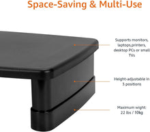 Carica l'immagine nel visualizzatore di Gallery, Amazon Basics Supporto Rialzato per Monitor Regolabile in Altezza con Organizer, Design Impilabile a 3 Livelli, Plastica ABS, Supporta fino a 10,0kg, per Monitor e Laptop, Nero