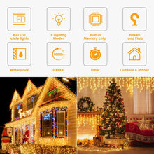 Carica l'immagine nel visualizzatore di Gallery, GYLEFY Luci Natale Esterno 10M Luci di Natale da Esterno Cascata 400 LED Tenda Luminosa Natale Esterno Impermeabili Collegabile Luci Natalizi Decorazioni Natalizie per Casa Giardino - Bianco Caldo