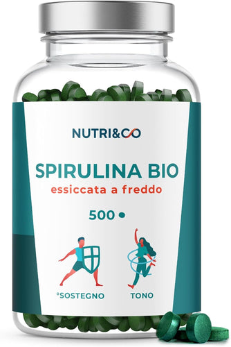 Spirulina Biologica | 500 Compresse Bio da 500 mg Pure Senza Eccipienti | 15 a 19% di Ficocianina | Polvere Essiccata e Compressa a Freddo | Analizzata e Confezionata in Francia da Nutri&Co