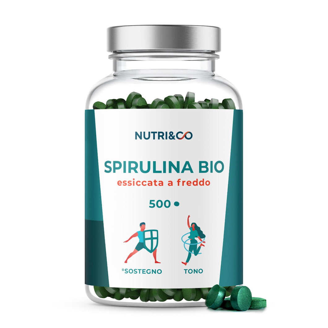 Spirulina Biologica | 500 Compresse Bio da 500 mg Pure Senza Eccipienti | 15 a 19% di Ficocianina | Polvere Essiccata e Compressa a Freddo | Analizzata e Confezionata in Francia da Nutri&Co