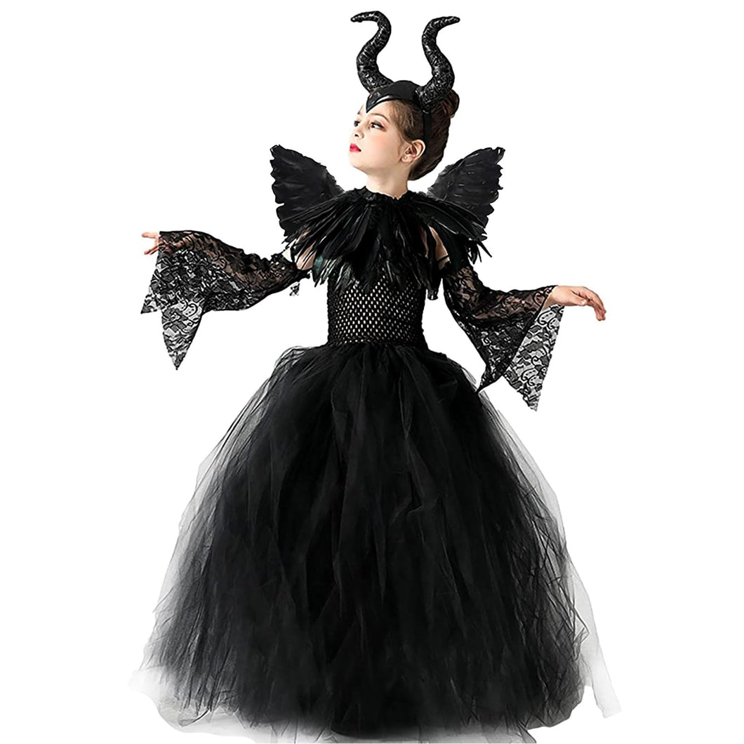 Malefica Costume da Regina per bambine, Strega Cattiva Halloween, Abiti Tutu Principessa, Gonna Tulle Festa a Tema, Vestito Carnevale, Natale, Cosplay (XL 135-155 cm)