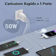 Carica l'immagine nel visualizzatore di Gallery, Caricatore USB C 50W, 5 Port USB Caricatore Multiplo Parete Adattatore