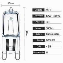 Carica l'immagine nel visualizzatore di Gallery, Lampadine alogene G9 230V 42W (44W) 2800K Bianco caldo 560lm Lampadina a capsula G9 trasparente dimmerabile, confezione 