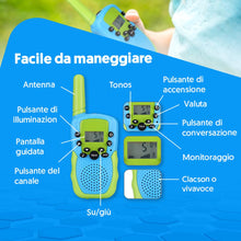 Carica l'immagine nel visualizzatore di Gallery, NK Walkie-Talkie per Bambini di 4 5 6 7 8 9 Anni (Batterie Incluse) - Lunga Distanza 3km, Display LED, 22 Canali, Giocattolo per Bambini con Torcia, Regalo di Natale Compleanno, Colore Blu/Verde