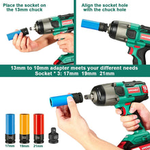 Carica l&#39;immagine nel visualizzatore di Gallery, Avvitatore a Impulsi 18V, HYCHIKA 350Nm Avvitatori a Massa Battente 3000 IPM, 4.0Ah Batteria 18V, 3x Chiavi A Bussola per 17/19/21mm, Caricatore, Mandrino 13mm (1/2&quot;)