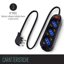 Carica l'immagine nel visualizzatore di Gallery, Multipresa a 3 Posti, Ciabatta Elettrica con 3 Prese Italiane 10/16A e Schuko/Tedesche - Spina Italiana 10A - Potenza 25