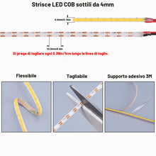 Carica l'immagine nel visualizzatore di Gallery, TOPAI 4mm Ultra Sottile Striscia LED COB 12V 5 Metri Bianco Caldo 3000K