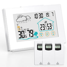 Carica l'immagine nel visualizzatore di Gallery, Stazione meteo radio con 3 sensori esterni, termometro digitale per uso interno ed esterno, stazione meteo multifunzionale con visualizzazione dell'ora, sveglia e previsioni meteo - bianco