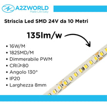 Carica l'immagine nel visualizzatore di Gallery, 1 Kit Striscia LED 24V 10m, 16W/m, 182 SMD/m, 3000K Bianco Caldo