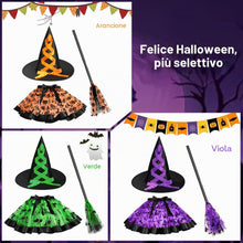 Carica l'immagine nel visualizzatore di Gallery, DiULi Costume da Strega per Bambina, Set da Strega da 3 Pezzi con Gonna di Tulle Cappello Strega Scopa, Costume da Streg