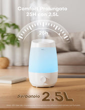 Carica l'immagine nel visualizzatore di Gallery, AROEVE Umidificatore Ambiente, 2,5L Umidificatore, 250 ml/h, 25H Diffusore di Oli Essenziali, Spegnimento Automatico, 25 dB Silenzioso per Neonati e Piante, Bianco