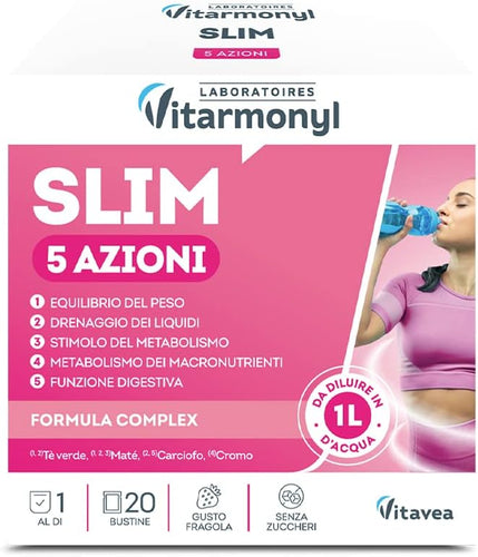 AQUALIGNE 5 AZIONI Vitarmonyl • Integratore 20 bustine • 5 azioni combinate: drenante, equilibrio del peso, metabolica, tonificante e digestiva