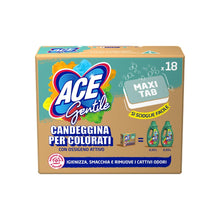 Carica l&#39;immagine nel visualizzatore di Gallery, ACE Gentile Maxi Tabs – 18 Pastiglie monodose di candeggina delicata multiuso per superfici e lavatrice. Smacchia e igienizza, adatta a capi colorati, zero sprechi zero schizzi, con ossigeno attivo.