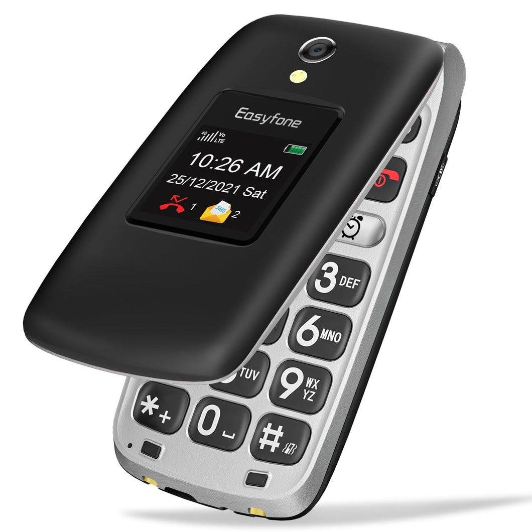 Easyfone Prime-A1 Pro 4G GSM Telefono Cellulare a conchiglia per Anziani, Telefono Cellulare con Tasti Grandi, Funzione SOS, Dual HD IPS Display, Base di ricarica, 1500mAh Batteria (Nero)