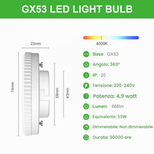 Carica l'immagine nel visualizzatore di Gallery, GY Lampadine LED GX53, 4.9W (equivalenti a 55W), 4000K Luce Bianca Naturale, 668 Lumen, Angolo Fascio 100°, Lampadina Di