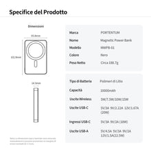 Carica l'immagine nel visualizzatore di Gallery, PORTENTUM Power bank per MagSafe 10000 mAh ultra-sottile 14 mm – Caricatore portatile magnetico ricarica rapida 22,5 W P