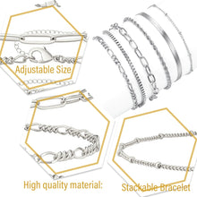 Carica l&#39;immagine nel visualizzatore di Gallery, SIRLOMU 6 Pz Braccialetti per Donna 14 Carati Placcato Oro Twist Figaro Regolabile Set di Gioielli Moda (Argento)