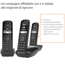 Carica l'immagine nel visualizzatore di Gallery, Gigaset AS690 Trio Telefono Cordless: 3 Portatili per Chiamate Interne ed Esterne in Parallelo, Vivavoce Alta Qualità, Tastiera Illuminata ed Ampio Display, Nero [Versione Italiana]