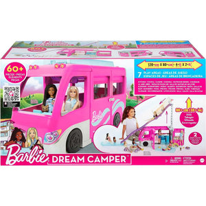 Barbie-Camper dei Sogni Playset con Veicolo, con Ruote, Piscina, Scivolo, 7 Aree Gioco e Oltre 60 Accessori da Campeggio, Giocattolo per Bambini 3+ Anni, HCD46