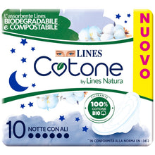 Carica l'immagine nel visualizzatore di Gallery, Assorbenti LINES COTONE by Natura Notte con ali x10 per ciclo mestruale