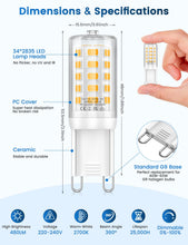 Carica l'immagine nel visualizzatore di Gallery, 3W G9 Lampadine Led Dimmerabili, Classe Energetica C, 34 Led 480Lm Bianco Caldo 2700K, Equivalenti A 50W Alogene, AC 220